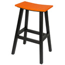 The Kanyon Living Poly Lumber Saddle Stool Bar Height in orange and black features a bright orange curved seat, four black legs with supports, and weather resistant construction—ideal for stylish outdoor seating.