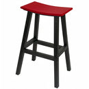 The Kanyon Living Poly Lumber Saddle Stool Bar Height in red and black features a curved seat, sturdy black frame, and weather-resistant poly lumber—ideal as outdoor patio furniture or a stylish bar height stool.