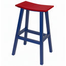 A wooden bar stool with four blue legs and a red curved seat, featuring footrests connecting the legs. The stool is shown against a plain white background.