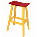 The Kanyon Living Poly Lumber Saddle Stool Bar Height in red and yellow is a weather-resistant outdoor bar stool with four legs, a footrest, and a slightly curved rectangular seat—ideal for your patio or bar area.