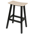 The Kanyon Living Poly Lumber Saddle Stool Bar Height in Seashell and Black features a weather-resistant curved light seat, sturdy black legs, and a connecting footrest bar for enhanced stability and comfort.