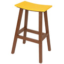 The Kanyon Living Poly Lumber Saddle Stool Bar Height in Yellow & Cedar Wood features a rectangular yellow seat, four brown legs, supportive crossbars, and weather-resistant materials for stylish outdoor seating.
