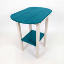 The Kanyon Living Poly Lumber Tall Oval Side Table in Aruba Blue & White, featuring a matching top and lower shelf with four white legs, is shown against a plain white background.