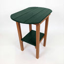 The Kanyon Living Poly Lumber Tall Oval Side Table features a dark green top and shelf with cedar wood legs, Amish-crafted quality, and is shown against a plain white background.