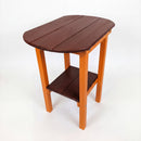 The Kanyon Living Poly Lumber Tall Oval Side Table features a dark wood top, orange legs, a matching lower shelf, and Amish craftsmanship—all set against a plain white background.