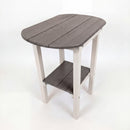 The Kanyon Living Poly Lumber Tall Oval Side Table Deluxe in Driftwood Grey and White features a slatted top, matching lower shelf, and sturdy off-white legs—ideal for outdoor use or pairing with driftwood grey patio furniture.