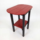 The Kanyon Living Poly Lumber Tall Oval Side Table in red and black features a red oval top, black legs, and a matching red shelf below, inspired by Amish outdoor furniture and shown on a plain white background.