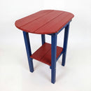 A small wooden table with a red top and lower shelf, supported by four blue legs, set against a plain white background.