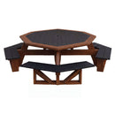 The Kanyon Living Poly Picnic Table Octagonal Black & Deluxe Antique Mahogany features a dark tabletop with matching benches on all sides—an inviting, stylish outdoor furniture piece by Kanyon Living, perfect for gatherings.