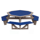 The Kanyon Living Poly Picnic Table Octagonal Blue & Light Grey features a blue tabletop, matching benches, and a light grey frame. With built-in bench seating on all sides, it’s perfect outdoor furniture for gatherings.