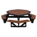 The Kanyon Living Poly Picnic Table Octagonal Deluxe in Antique Mahogany & Black features an octagonal tabletop with matching benches and black metal frames, seen from above against a white background—an elegant outdoor piece.