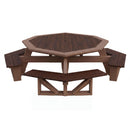 The Kanyon Living Poly Picnic Table features an octagonal design in Brazilian Walnut & Weathered Wood, with matching attached benches—ideal as an outdoor dining table for gatherings.