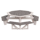 The Kanyon Living Poly Picnic Table Octagonal Deluxe in Driftwood Grey & White features attached benches, a sturdy white base, and a geometric design—ideal modern outdoor furniture from Kanyon Living.