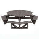 The Kanyon Living Poly Picnic Table Octagonal Deluxe Driftwood Grey features attached benches and a rustic, weathered finish, shown on a white background. Brand: Kanyon Living.
