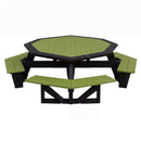 The Kanyon Living Poly Picnic Table Octagonal in lime green with black frame and attached benches offers stylish outdoor seating, shown on a white background.