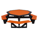 The Kanyon Living Poly Picnic Table Octagonal Orange & Black by Kanyon Living features a black frame with attached orange benches and tabletop, shown against a white background.