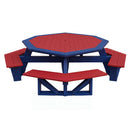 The Kanyon Living Poly Picnic Table Octagonal Red & Blue by Kanyon Living features four attached benches, offering vibrant outdoor seating in a striking red and blue design, shown from above on a white background.