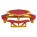 The Kanyon Living Poly Picnic Table Octagonal in red and yellow features a durable frame with attached benches on all sides, offering convenient and stylish outdoor seating for gatherings. Crafted by Kanyon Living.
