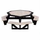 The Kanyon Living Poly Picnic Table Octagonal Seashell & Black by Kanyon Living features attached benches, a seashell finish tabletop and seats, black supports, and a stylish design ideal for outdoor spaces.