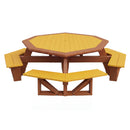 The Kanyon Living Poly Picnic Table Octagonal Yellow & Cedar Wood features integrated yellow benches on all sides, creating continuous seating. Shown on a white background, this stylish piece is crafted by Kanyon Living for outdoor use.
