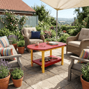 The Kanyon Living Poly Lumber Oval Coffee Table in red and yellow, crafted from eco-friendly materials, sits on a stone patio surrounded by wicker chairs, potted plants, and views of rolling hills.