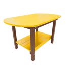 The Kanyon Living Poly Lumber Oval Coffee Table in yellow and cedar features a yellow tabletop, brown legs, and a matching lower shelf, shown against a white background.