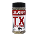 A container of Killer Hogs TX Brisket Rub by Killer Hogs, with a black lid and a white label featuring bold red and black text and a cow image—ideal for authentic Texas BBQ seasoning.