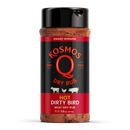 Kosmos Q Dirty Bird Hot Chicken Rub by Kosmos Q is a sweet heat BBQ rub featuring images of chicken, pig, and cow on a bold red and black label with "Award Winning" at the top.