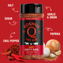 A bottle of Kosmos Q Dirty Bird Hot Chicken Rub by Kosmos Q is surrounded by salt, sugar, chili peppers, paprika, garlic, and onion—each ingredient labeled with arrows on a bold red background.