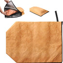 The VIGOR Large Insulated Meat Resting Bag is shown empty and folded, with a hand placing an item inside at the top left. The brown bag features a black zipper and handle.