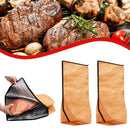 Grilled steaks and veggies on a barbecue are shown above two reusable mesh grilling bags. A hand places meat inside one, with two empty bags upright next to the VIGOR Large Insulated Meat Resting Bag on the right.