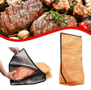 Grilled steaks and vegetables are shown on a barbecue above, while below, hands place meat into the VIGOR Large Insulated Meat Resting Bag, with a zippered bag also displayed upright beside it.
