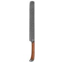 The Folded Steel Lotus BBQ Slicer Brisket Knife features an AUS10 stainless Damascus steel blade with geometric patterns and a straight edge, paired with a curved wooden handle that showcases visible natural grain.