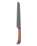 The Folded Steel Lotus Bread Knife features an AUS10 stainless Damascus steel blade and a wooden handle, shown on a white background.