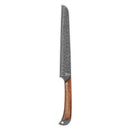 The Folded Steel Lotus Bread Knife features a serrated AUS10 Damascus steel blade with a dark, patterned finish and a wooden handle, shown against a white background.
