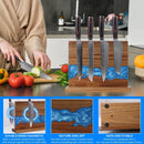 The Norpro Magnetic Knife Block Double-Sided Acacia Wood Knife Holder with Blue Resin holds four knives upright. Insets show its double-sided storage, blue resin detail, and non-slip base. In the background, someone slices vegetables.