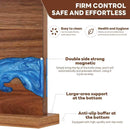 The Norpro Magnetic Knife Block Double-Sided Acacia Wood Knife Holder with Blue Resin features double-sided knife storage, strong magnetic sides, large-area support, an easy-to-clean design, and an anti-slip base for added safety.