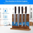 The Norpro Magnetic Knife Block Double-Sided Acacia Wood Knife Holder with Blue Resin stores four knives, features double-sided storage, and is moisture-resistant, mildew-proof, and odorless for improved kitchen hygiene.