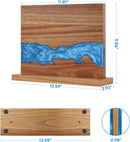 The Norpro Magnetic Knife Block is a double-sided acacia wood knife holder with a blue resin wave design, measuring 12.59"W x 9.84"H x 3.93"D x 0.98"T, and features four round pads underneath for stability.