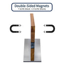 A side view of the DDR BBQ Supply Magnetic Knife Block Double-Sided Acacia Wood Knife Holder with Blue/Grey Resin is shown, featuring magnet symbols on both sides and a label that reads, “Double-Sided Magnets: 1 knife block = 2 knife blocks.”.