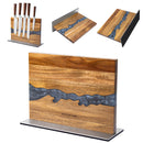 The DDR BBQ Supply Magnetic Knife Block Double-Sided Acacia Wood Knife Holder with Blue/Grey Resin is shown from multiple angles, highlighting the natural acacia wood grain and striking blue/grey resin river design, set on a sturdy metal base. This double-sided knife holder beautifully blends style and functionality, making it the perfect addition to any kitchen.