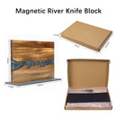 The DDR BBQ Supply Magnetic Knife Block Double-Sided Acacia Wood Knife Holder with Blue/Grey Resin is shown from the side and in its packaging. Box dimensions: 37 × 24.5 × 3.5 cm; block dimensions: 34.5 × 23 × 11.5 cm.