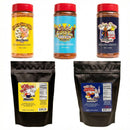The Meat Church Competition Prep Pack includes three spice jars with red lids (Honey Hog, Gospel, Holy Cow) and two colorful stand-up pouches, each featuring cartoon chef art—perfect for BBQ competitions.