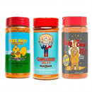 The Meat Church Southern Sweet Smoke Pack includes three colorful BBQ rubs—Deez Nuts Pecan Rub, Texas Sugar BBQ Rub, and Honey Bacon BBQ—ideal for adding sweet flavor to your backyard smoking.