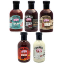 The Meat Mitch BBQ Sauce 5 Pack Bundle features five flavors—Char Bar, BBQ, Naked BBQ, Stay Hot, and White Sauce—expertly arranged and ideal for competition or backyard grilling. From Meat Mitch.