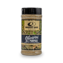 Mossy Oak Seasoning - Obsession All Purpose by Bourbon Barrel Foods comes in a plastic container with a camouflage label and black lid. This versatile blend is ideal for outdoor cooking, adding bold flavor to every meal.