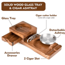 The DDR BBQ Supply Multifunction Cigar & Whiskey Gift Set Stand features a glass ashtray, accessories drawer, cutter holder with cutter, detachable metal ashtray, and two cigar slots—an ideal all-in-one lounge accessory.