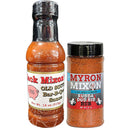 The Myron Mixon Rib & Pork Kit includes a bottle of rich Old South Bar-B-Q Sauce and a jar of Rubba Dub Rib Rub—perfect for enhancing pulled pork and ribs with zesty Southern flavor.