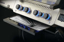 Close-up of a Napoleon Prestige 500V gas grill control panel with five glowing knobs, a partially pulled-out drip tray fitted with a Napoleon Grills Drip Pan Liner (3 Pack, 62070), and a digital display on the right.