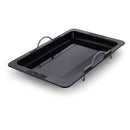The Napoleon Grill Roasting Pan for Rogue and Freestyle Grills (56055) by Napoleon Grills is a rectangular black pan with two silver handles and “NAPOLEON” embossed on the short edges, ideal for grilling.